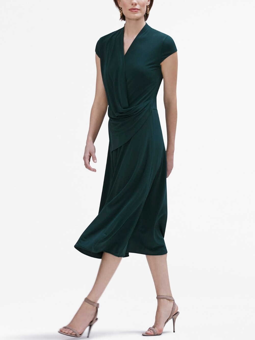 MM Lafleur Emerald Green V-Neck Drape Flowy Midi Zulma Dress Flattering Holiday